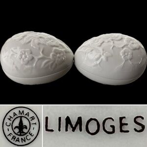 🌸🍒2 Cherry Blossom Motif Eggs | White | Floral Porcelain Chamart Limoges France